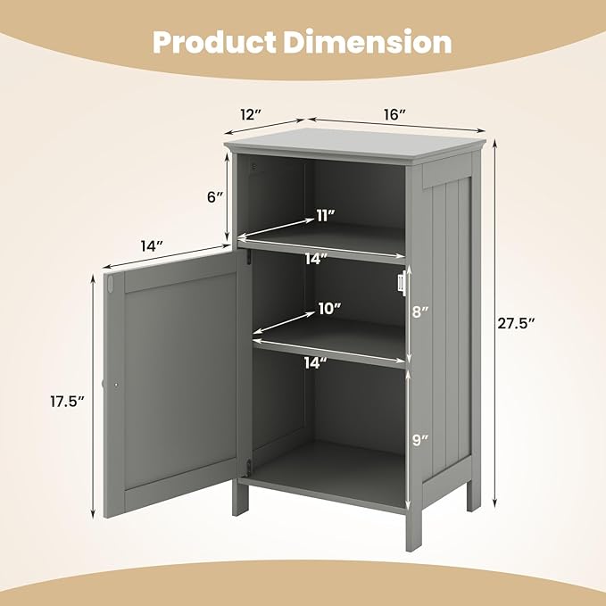 Tangkula Bathroom Storage Cabinet, Freestanding Wooden Single Door Side Floor Organizer with Adjustable Shelf, Small Bathroom Cabinet for Small Spaces, Living Room (Grey)
