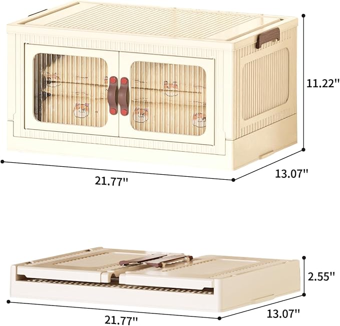 Stackable Storage Bins 55 Qt, Folding Storage Bins with Lids and Doors, Open Front Folding Storage Box with Wheels Plastic Storage Containers Closet Organizers Home Beige (1 Tier)