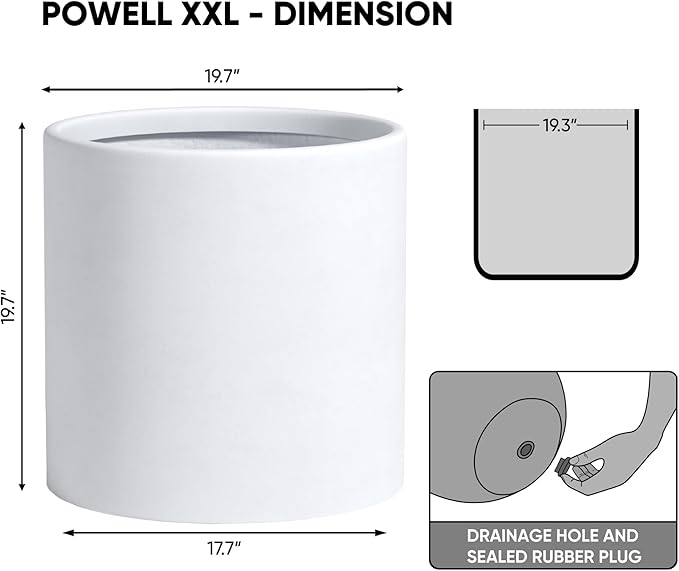 DTY Signature Mount Powell Fiberstone Planter - 20 Inch Jumbo White Cylindrical Mid-Century Modern Home Decor Indoor & Outdoor Plant Pot - Durable Planters for Indoor Plants, Outdoor Spaces