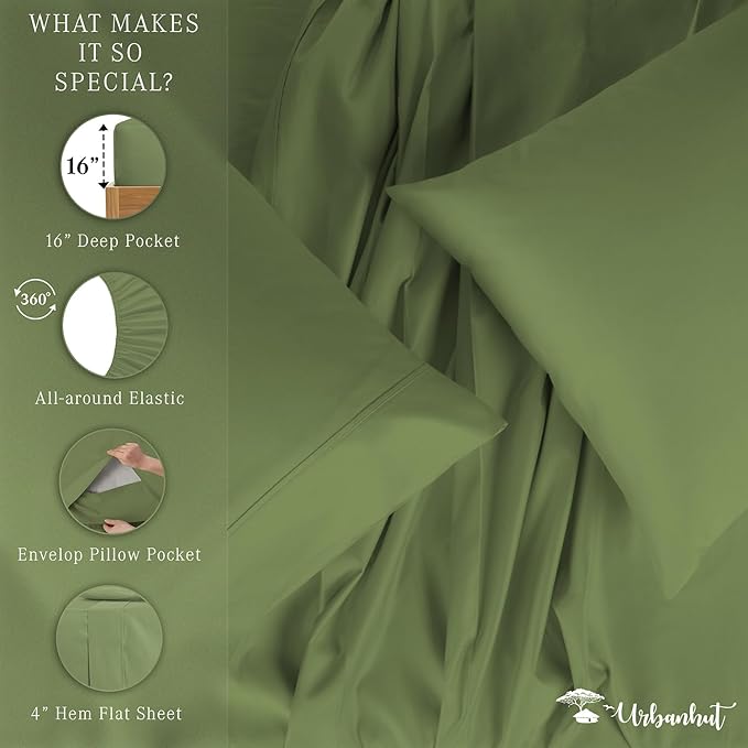URBANHUT 700 Thread Count Egyptian Cotton King Sheets, 4Pc Sheet Set Soft Luxury Bed Sheets for King Size Bed, Sateen Weave Hotel Sheets, 16'' Elasticized Deep Pocket - Sage