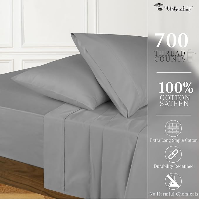 URBANHUT 700 Thread Count Egyptian Cotton Sheets California King Size, 4Pc Sheet Set Luxury Bed Sheets for Cal King Size Bed, Sateen Weave Hotel Sheets, 16'' Elasticized Deep Pocket - Dark Grey