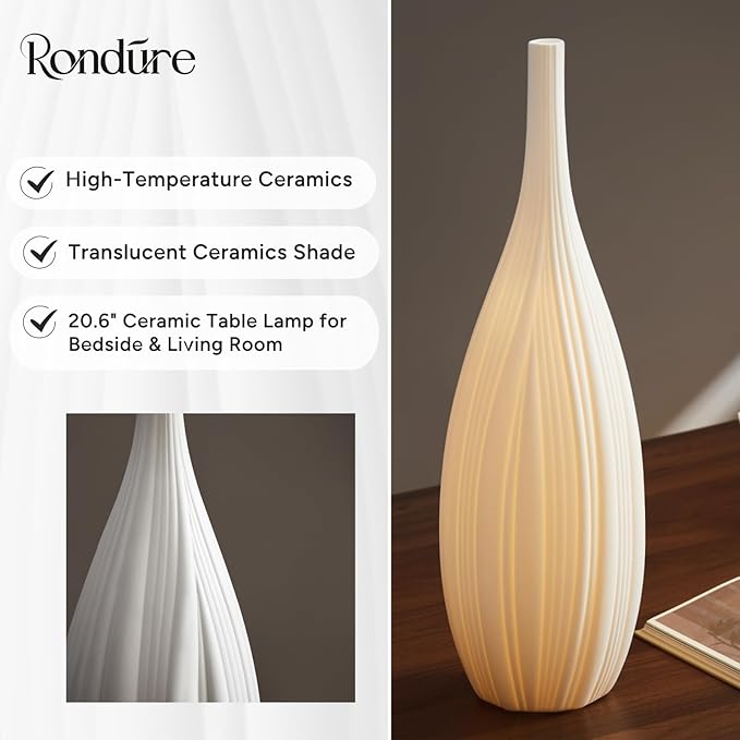 RONDURE 20.6" Modern Ceramic Table Lamp, Modern Bedside Lamps for Bedroom, Living Room and Nightstand, White Translucent Ceramic Shade, Warm Ambient Lighting, Home Decor