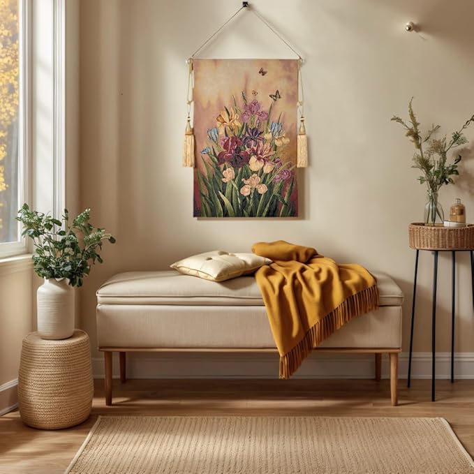 AureoMadis Vintage Floral Tapestry Wall Hanging Set with Telescopic Rod & Tassels - Jacquard Woven Fabric Aesthetic Flower Wall Tapestries for Bedroom/Living Room Decor Spring Botanical Art (27"x42")