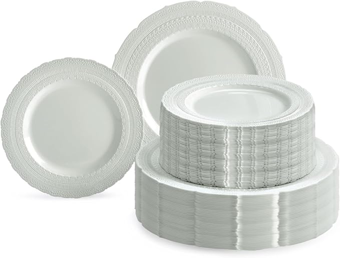 " OCCASIONS " 240 Plates Pack,(120 Guests) Extra Heavyweight Vintage Wedding Disposable/Reusable Plastic Plates 120x11'' Dinner + 120x8.25'' Salad/Dessert Plate (Chateau Light Gray)