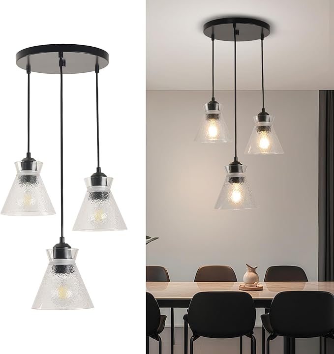 Industrial Farmhouse Hanging Pendant Lighting for Kitchen Island Black Brushed Glass Pendant Light Linear Chandelier Farmhouse Hanging Light Fixtures
