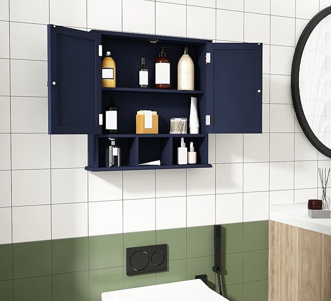 ChooChoo Bathroom Cabinet Wall Mounted 2-Door with 3 Open Shelves， Wooden Medicine Cabinets with Adjustable Shelf，Space Saver Storage Cabinets Over The Toilet for Bathroom&Living Room,Blue