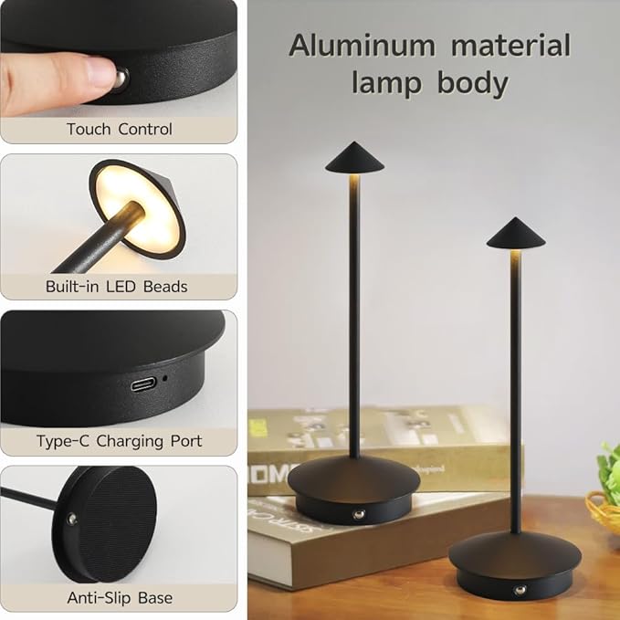 LED Cordless Table Lamps, Portable Rechargeable 6000mAh Outdoor Lights, 3 Color Stepless Dimming Battery Powered Bedside Table Lamp,wireless Touch Lamp For Bedroom/Kitchen Lamp/Camping/Patio(Black）