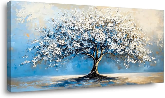 Contemporary Tree of Life Wall Art for Living Room Office Navy Blue White Floral Canvas Painting Prints Large Nature Artwork Over The Couch Bedroom Decor (23x46 Inches)
