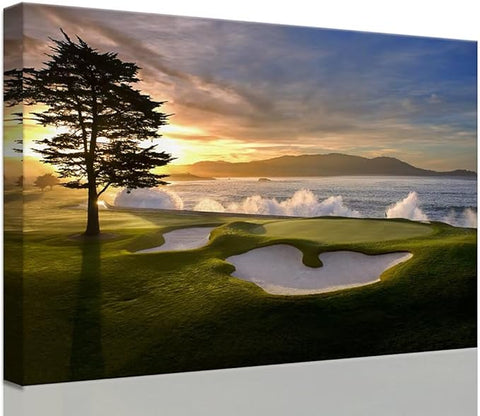 Pebble Beach Canvas Wall Art Picture Pebble Beach Golf Course Wall Decor for Living Room Bedroom Bathroom Home Decorations Golf Course Poster Picture Framed Artwork Ready to Hang(28''H x 44''W)