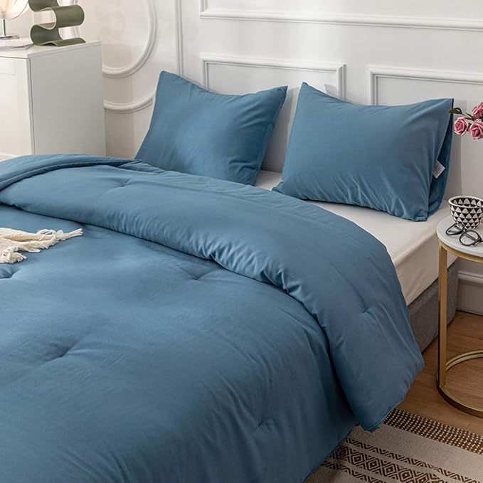 Pureant Blue Comforter Set King Size Dusty Blue Bedding Comforter Sets for Women Men Cotton Lake Blue King Comforter Soft Adults Grayish Comforter Sets Solid Color Quilt Breathable