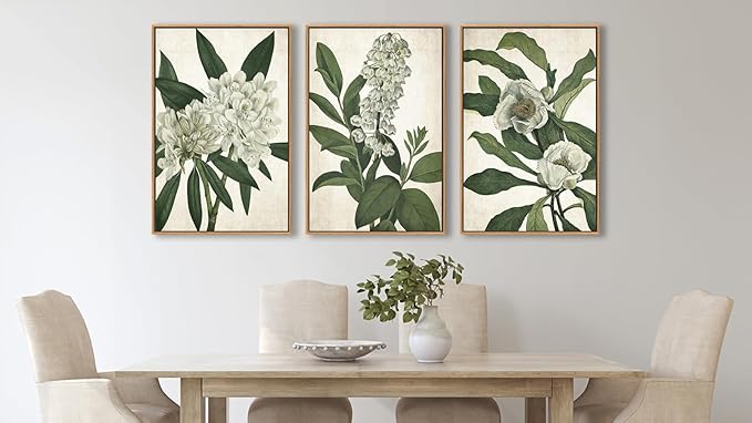 Large Framed Canvas Wall Art - Natural Float Framed White Flowers Green Leaves Pictures Decor Simple Botanical Plants Artwork for Living Room Bedroom Kitchen Home Office Decoration 60" X 28" Set of 3