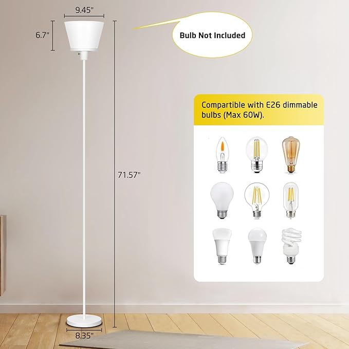 LED Floor Lamp for Office, Modern Tall Standing Lamps Floor Lamp for Bedroom Living Room, White Bright Lamp with Plastic Shade, Bulb Not Included.