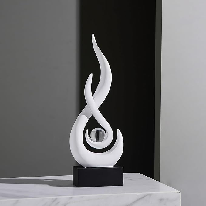 FJS White Decor Modern Flame Statue Home Decorations for Living Room, 11.8" H Resin Sculptures Home Décor Accents, Abstract Art Sculpture for Dining Room Office Coffee Table Centerpiece