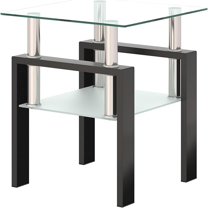 IANIYA Modern Glass End Table, 2-Tier Side Table with Tempered Glass Top & Metal Legs, Night Stand Corner Table for Living Room, Bedroom