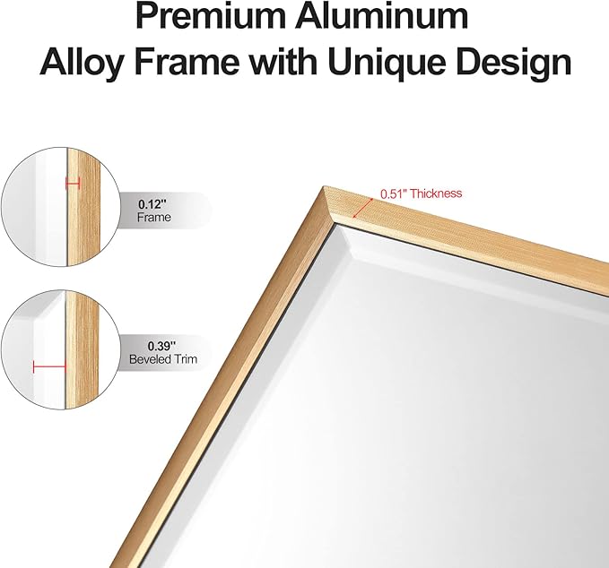 30x40 Inch Gold Mirror with Beveled Trim, Aluminum Frame Bathroom Vanity Mirror, Copper-Free Mirror, Rectangle Wall Mounted Mirror, Modern Rectangular Mirror Horizontal or Vertical