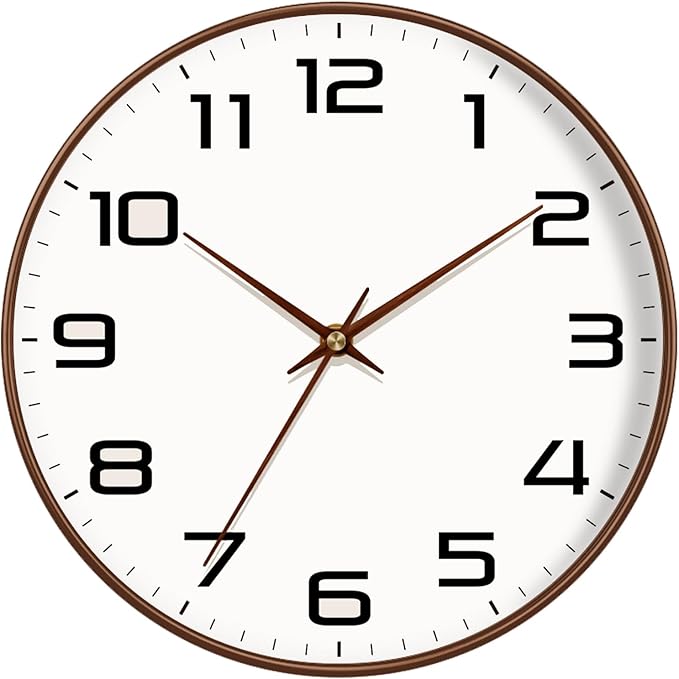 Woodgrain Wall Clock, Silent Non-Ticking Battery Operated Clock 10 Inch, Large Easy-to-Read Number Digital Wall Clocks, Modern Analog Clocks for Living Room Bedroom Kitchen Office Gym, Brown
