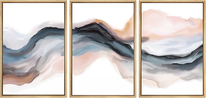 SIGNWIN Framed Canvas Print Wall Art Set Pastel Watercolor Blue Brown Ink Wave Smoke Landscape Abstract Shapes Illustrations Modern Art Decorative for Living Room, Bedroom, Office - 24"x36"x3 Natural