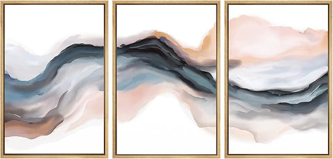 SIGNWIN Framed Canvas Print Wall Art Set Pastel Watercolor Blue Brown Ink Wave Smoke Landscape Abstract Shapes Illustrations Modern Art Decorative for Living Room, Bedroom, Office - 24"x36"x3 Natural
