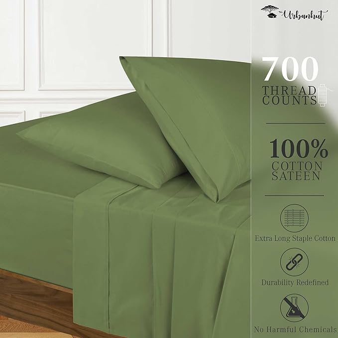 URBANHUT 700 Thread Count Egyptian Cotton Twin Sheets, 4Pc Sheet Set Soft Luxury Bed Sheets for Twin Size Bed, Sateen Weave Hotel Sheets, 14'' Elasticized Deep Pocket - Sage