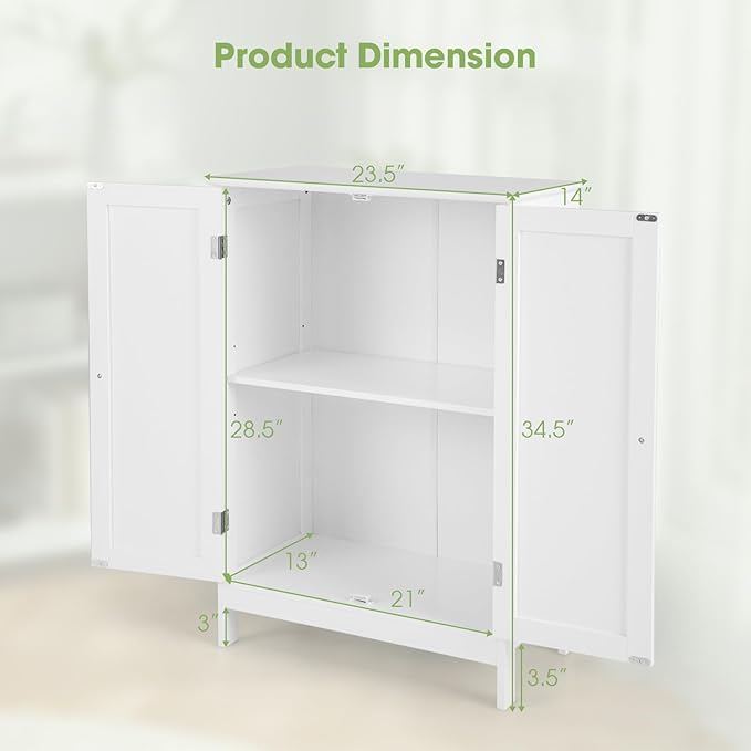 GLACER Bathroom Floor Cabinet, Wooden Storage Cabinet with Double Doors, Suitable for Bathroom, Living Room, Entryway, 23.5 x 14 x 34 inches (White)