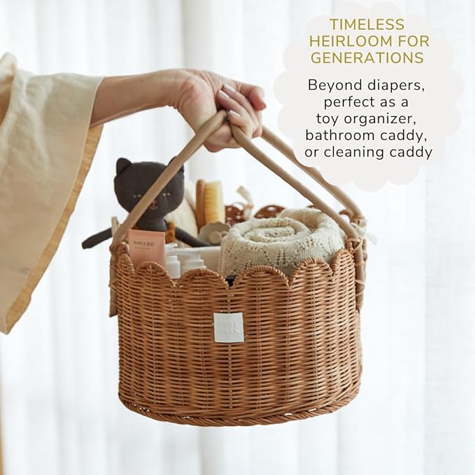 BEBE BASK Premium Baby Diaper Caddy Organizer - Handmade & Award-Winning Scalloped Rattan Basket - Luxury Diaper Caddy Basket - Elegant Scalloped Edge (Mocca)