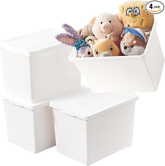 27 Quart White Storage Bins with lids,Stackable Plastic Boxes Set of 4,Storage Box with handle for Organizing Snacks, Crafts,Crafts, Tools,books(white, 4XL)