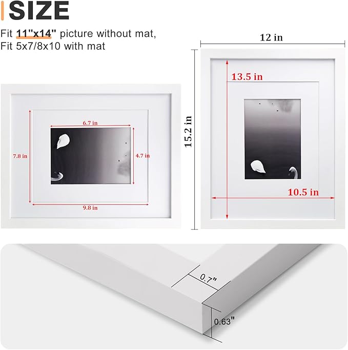 Egofine 11x14 Picture Frames Made of Solid Wood 6 PCS White Covered by Plexiglass - for Table Top and Wall Mounting for Pictures 8x10 or 5x7 with Mat Horizontally or Vertically Display Photo Frame