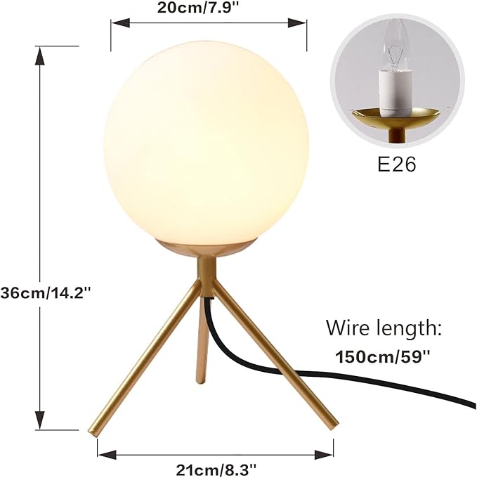 BOKT Mid Century Modern Table Lamp - Gold Glass Globe Desk Reading Lamp - Contemporary Minimalist Brushed Brass Bedside Desk Nightstand Industrial Vintage Bedside Table Light