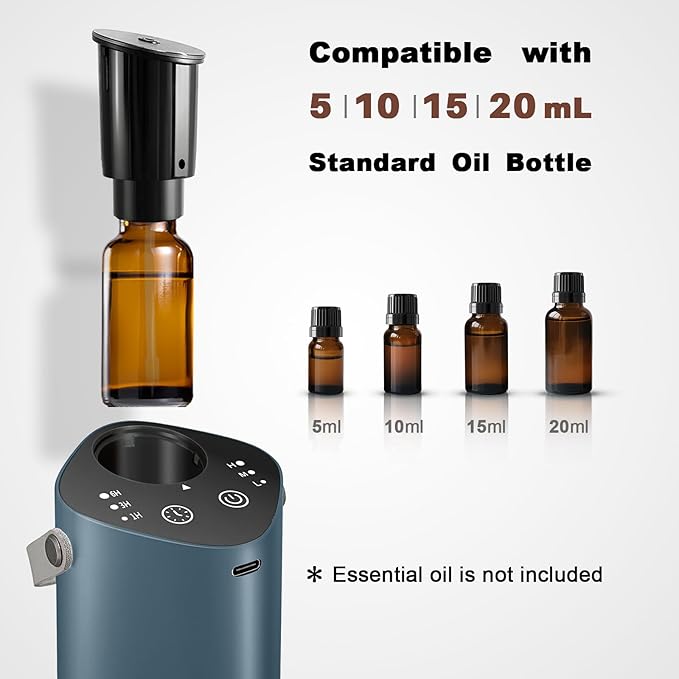 Waterless Essential Oil Diffuser for Car & Home，Aromatherapy Diffuser with 4 Timer（1/3/6/Off,3 Mist Mode,Battery Operated, Scent Air Diffuser for Bathroom Office, Small Aroma Diffuser Greyblue