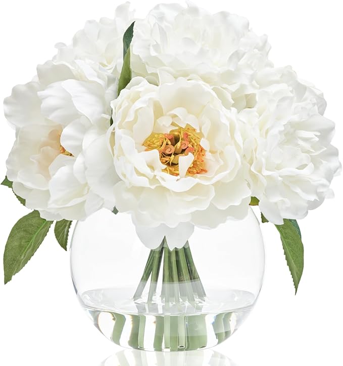 WELL KNOWN Artificial Flowers in Vase, Peonies Artificial Flowers for vase with Faux Water for Coffee Table Decor, Silk Fake Flower Arrangements Peonies Table Centerpieces (White)