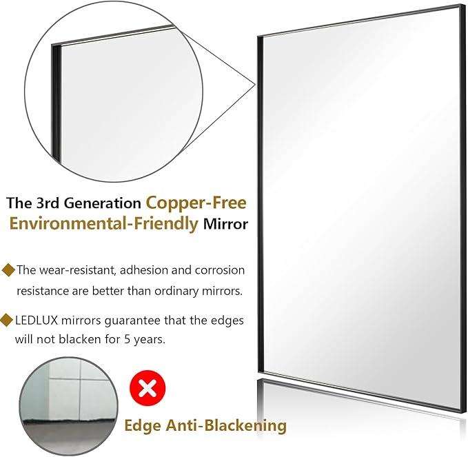 30x30 Inch Black Bathroom Mirror, Copper-Free Mirror, Aluminum Alloy Frame Vanity Mirror, Rectangle Wall Mounted Mirror, Modern Mirror for Bedroom/Living Room/Porch Horizontal or Vertical