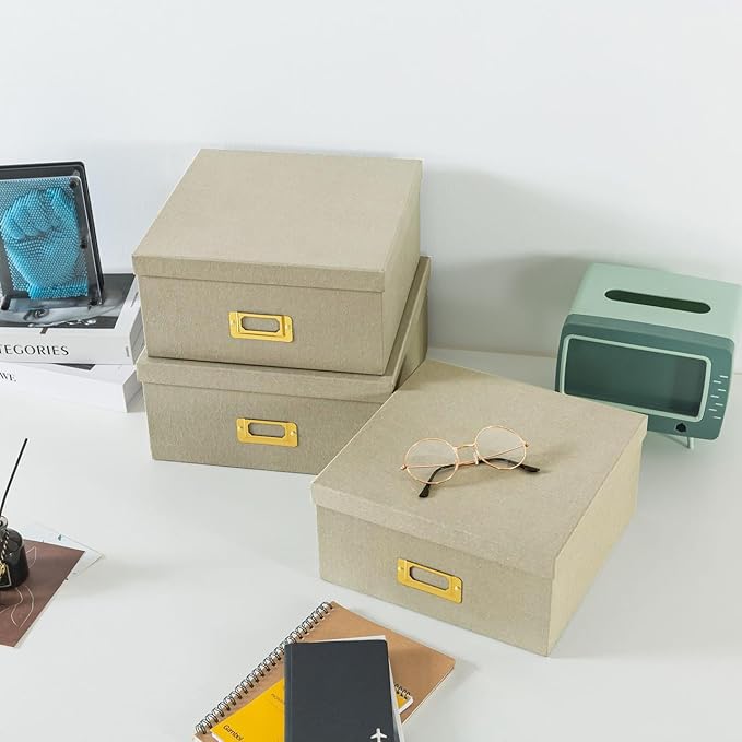 Soul & Lane Light Gray Kraft Paper Boxes for Storage, Set of 3 Square Stacking Boxes with Lids and Gold Label Holders, Decorative Photo Storage, Nesting Cardboard Containers for Organizing