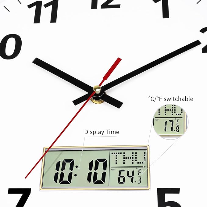 Foxtop Digital Wall Clock with Time, Day of Week and Temperature, Silent Non-Ticking Battery Operated Round Digital and Analog Wall Clock for Classroom Office Bedroom Home School (12 Inch, Black)