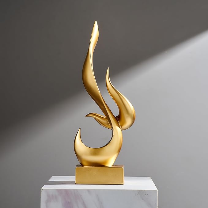 FJS Gold Decor Modern Flame Statue Decorations for Living Room, 15.3" H Resin Sculptures Home Décor Accents, Abstract Art Sculpture for Shelf Dining Room Office Coffee Table Centerpiece