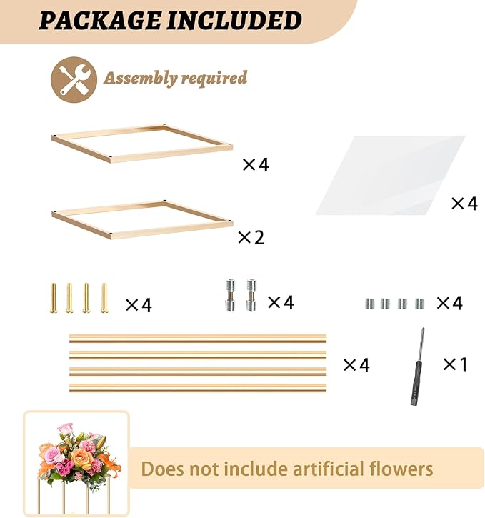 2-Tier Metal Flower Stand Set with Acrylic Shelves, Geometric Display Rack for Wedding Centerpieces, Party Decor, Tall Floor Vase Stand (Gold, 2 Pcs-25)