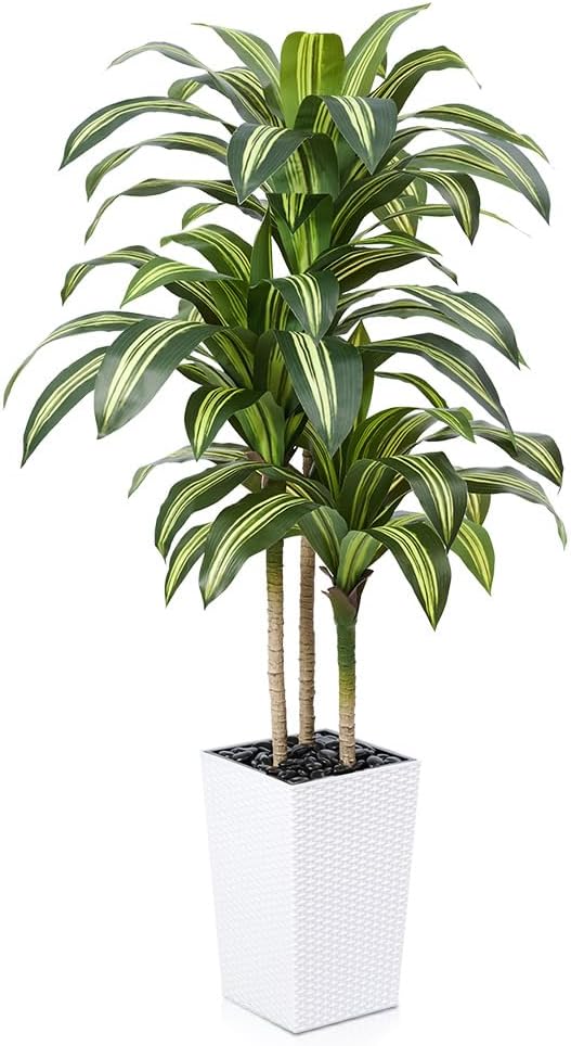 Artificial Dracaena Tree 5FT - UV Resistant Faux Tree with Large Taper Planter & Pebbles - Tall Fake Plants Indoor & Outdoor, Potted Floor Plant for Home Living Room Porch Decor, VN127