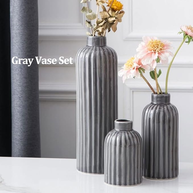 Gray Ribbed Ceramic Vase Set, 3 Gray Small Vase, 3 Piece Set of Glazed Decorative Grey Vases, Living Room, Table, Fireplace Mantel, Kitchen, Bathroom, Mantle Farmhouse Decor Small Vase