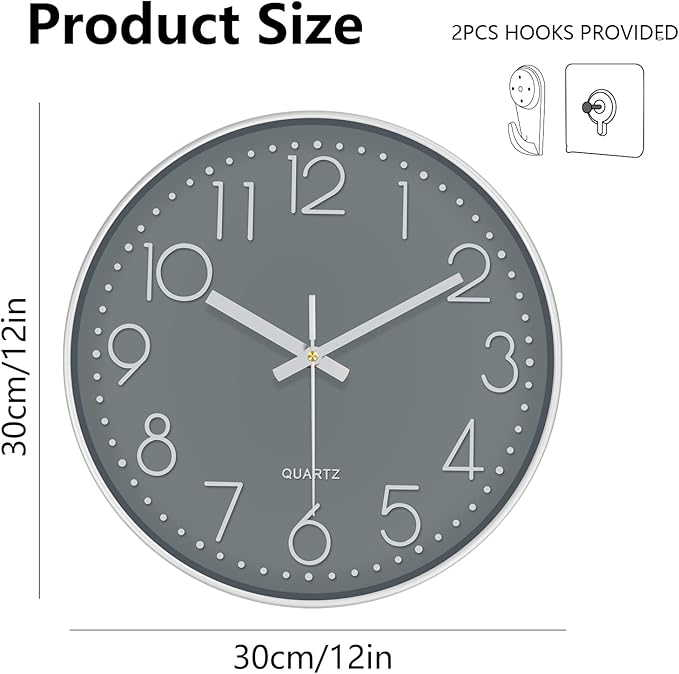 Modern Silent Wall Clock - 12 Inch Wall Clocks Battery Operated Large Number, Non-Ticking Analog Clock with Tempered Glass Quartz Clocks for Living Room Bedroom Office Kitchen, Grey