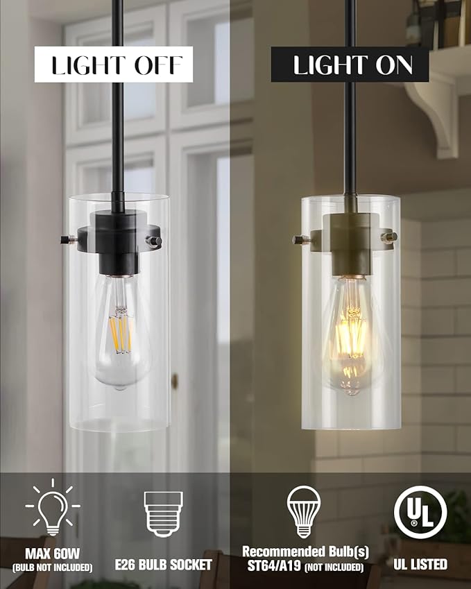 EAPUDUN Pendant Lights (2 Packs), Hanging Lights Fixtures, Clear Glass Shade Kitchen Lighting, Matte Black Farmhouse Kitchen Dining Table Ceiling Lights -PDA1353-B-MBK