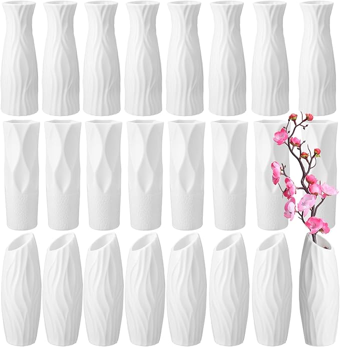 24 Pcs Composite Plastic Flower Vase Ceramic Look Decorative White Unbreakable Plastic Vases for Flower Centerpieces for Living Room Table Home Decor(Stylish Style)