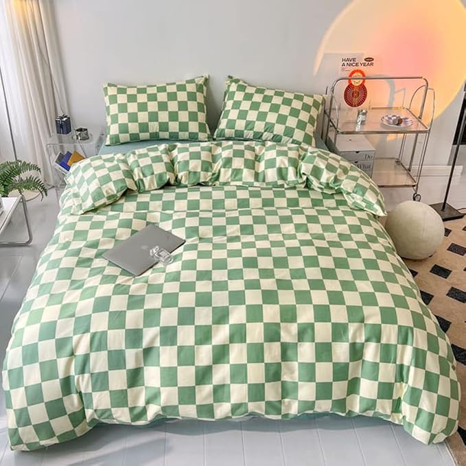 Pureant Green White Plaid Comforter Sets Queen Women Men Sage Green Checkerboard Grid Bedding Comforters Cotton Boys Girls Modern Grass Green and White Checkered Geometric Quilts Luxury Abstract Bed