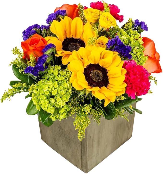 Hugs & Kisses in Wooden Vase | Yellow, Orange Aquabloom Arrangement | Arabella Bouquets | Real Fresh Flowers for Delivery, Gift for Birthday, Congratulations, Anniversary, Monther's Day