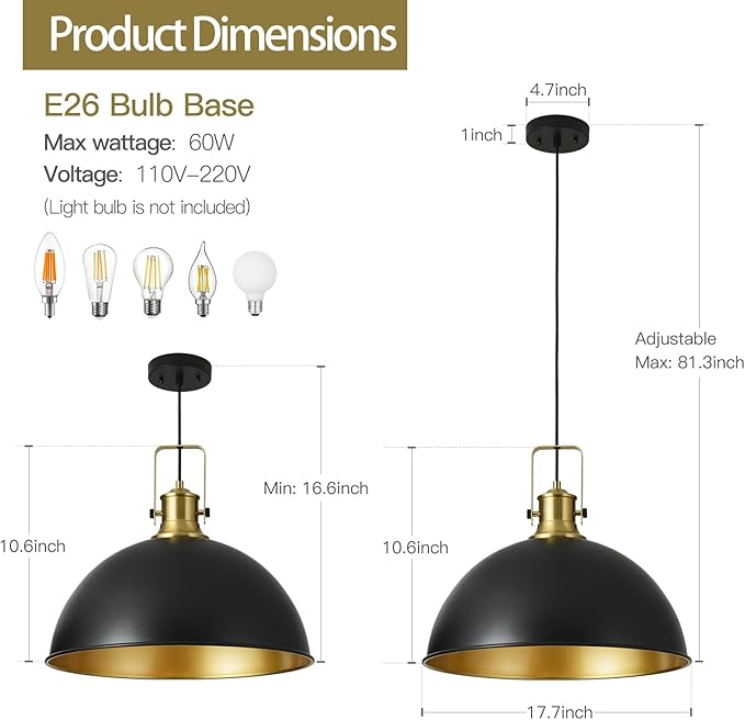 18 Inch Black Farmhouse Pendant Lights for Kitchen Island Industrial Pendant Lighting Adjustable Height Vintage Dome Hanging Light Fixtures for Barn, Dining Room