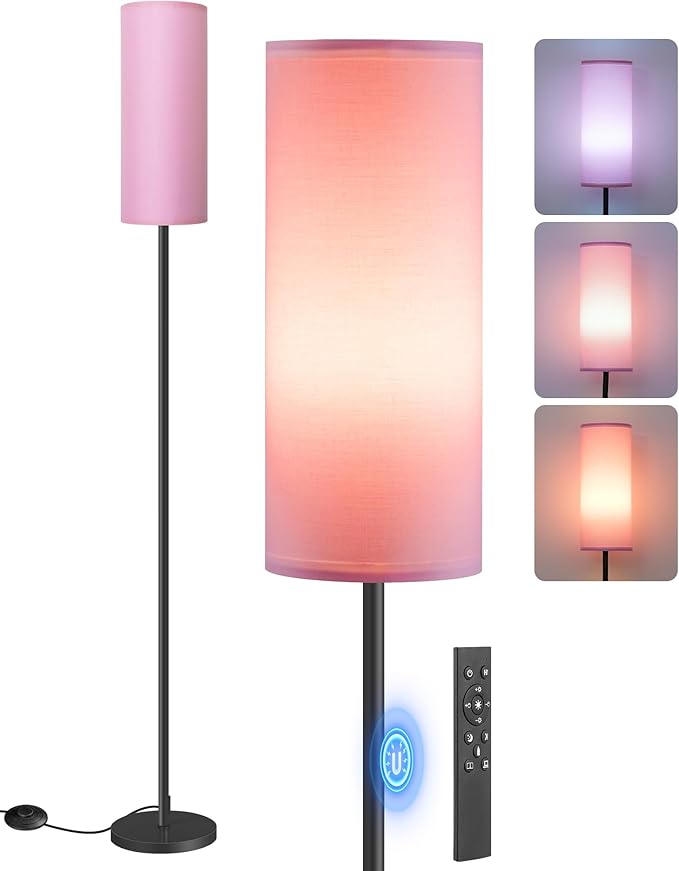 Dimmable Pink Floor Lamp for Living Room with Remote and Foot Switch, Corner Floor Lamp for Bedroom, 66" Standing Tall Lamp, 10W 900LM Bulb Included, 3000K-6500K, Linen Shade, FCC Listed P06LD05W1