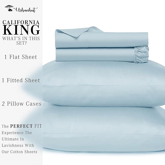 URBANHUT 700 Thread Count California King Size Egyptian Cotton Sheets, 4Pc Sheet Set Soft Luxury Bed Sheets for Cal King Size Bed, Sateen Weave Hotel Sheets, 16'' Elasticized Deep Pocket - Light Blue