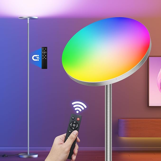 𝐑𝐆𝐁 Torchiere Floor Lamps for Living Room, 32W/3200LM Bright LED Standing Lamp with Remote, Modern Color Changing Tall Lamp with Stepless Dimming, 69" Corner Floor Lamp for Bedroom, Office