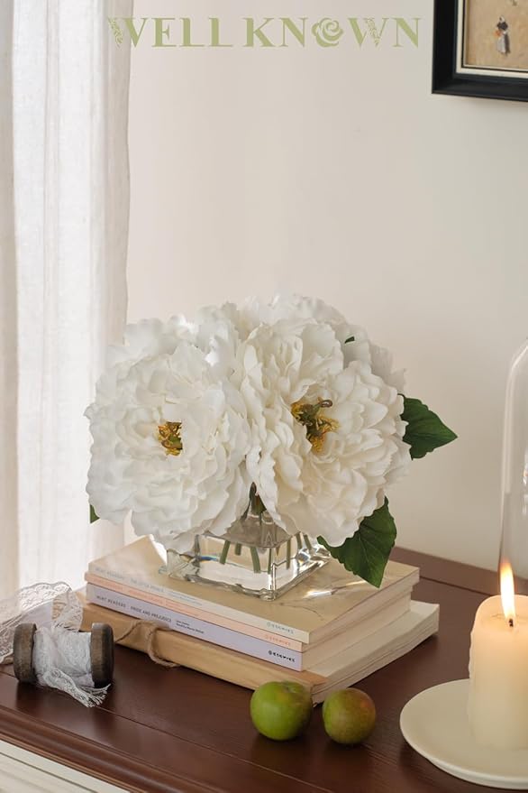 Artificial Peonies Flowers Arrangements in Cube Glass Vase, WELLKNOWN Ivory White Silk Flower Centerpieces for Dining Room Table, Coffee Table Decor, Faux Peony Flowers with Faux Water