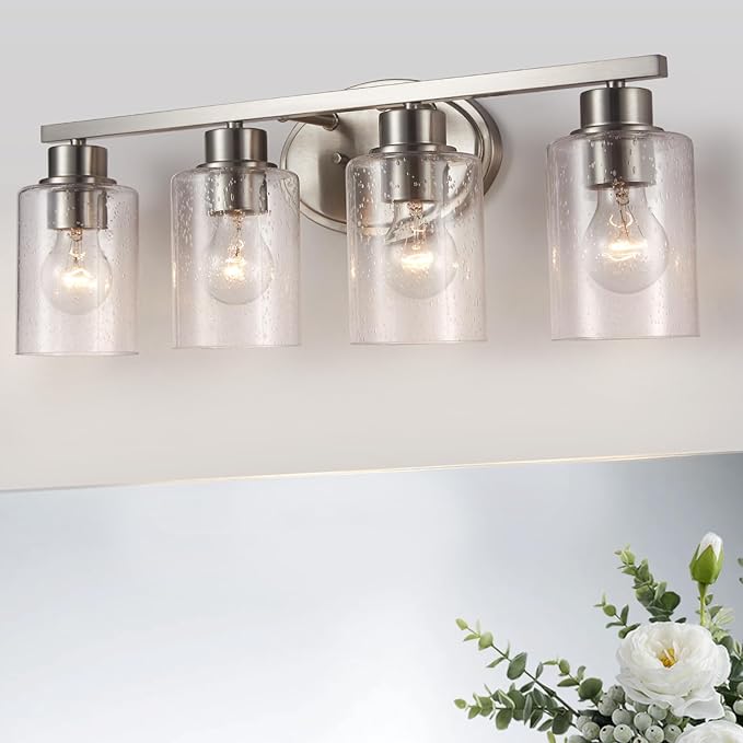 Bathroom Vanity Light Fixtures Over Mirror, Seeded Glass Bathroom Vanity Light, 4 Light Brushed Nickel Bathroom Light Fixtures with Clear Glass, Modern Rustproof Vanity Light Wall Mount