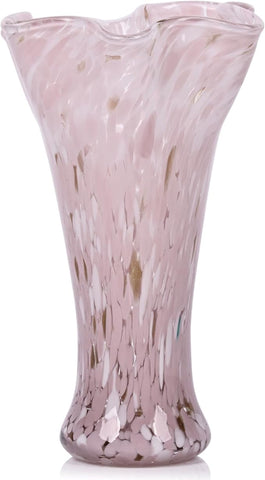 9.0" H Pink Glass Vases for Flowers, Unique Hand Blown Glass Vase Pink Home Decor, Wide Mouth Colorful Flower Vase Centerpieces, for Living Room Table Bookshelf, Bathroom Office Shelf Decorative