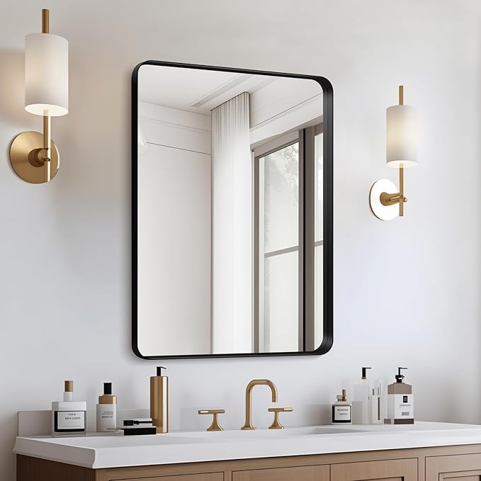 20x16 Bathroom Vanity Mirror for Wall, Aluminum Framed, Farmhouse Rectangle, Anti-Rust, HD Reflection Anti-Desilvering, Distortion Free, Tempered and Shatter-Proof Wall Mounted Mirror, Black